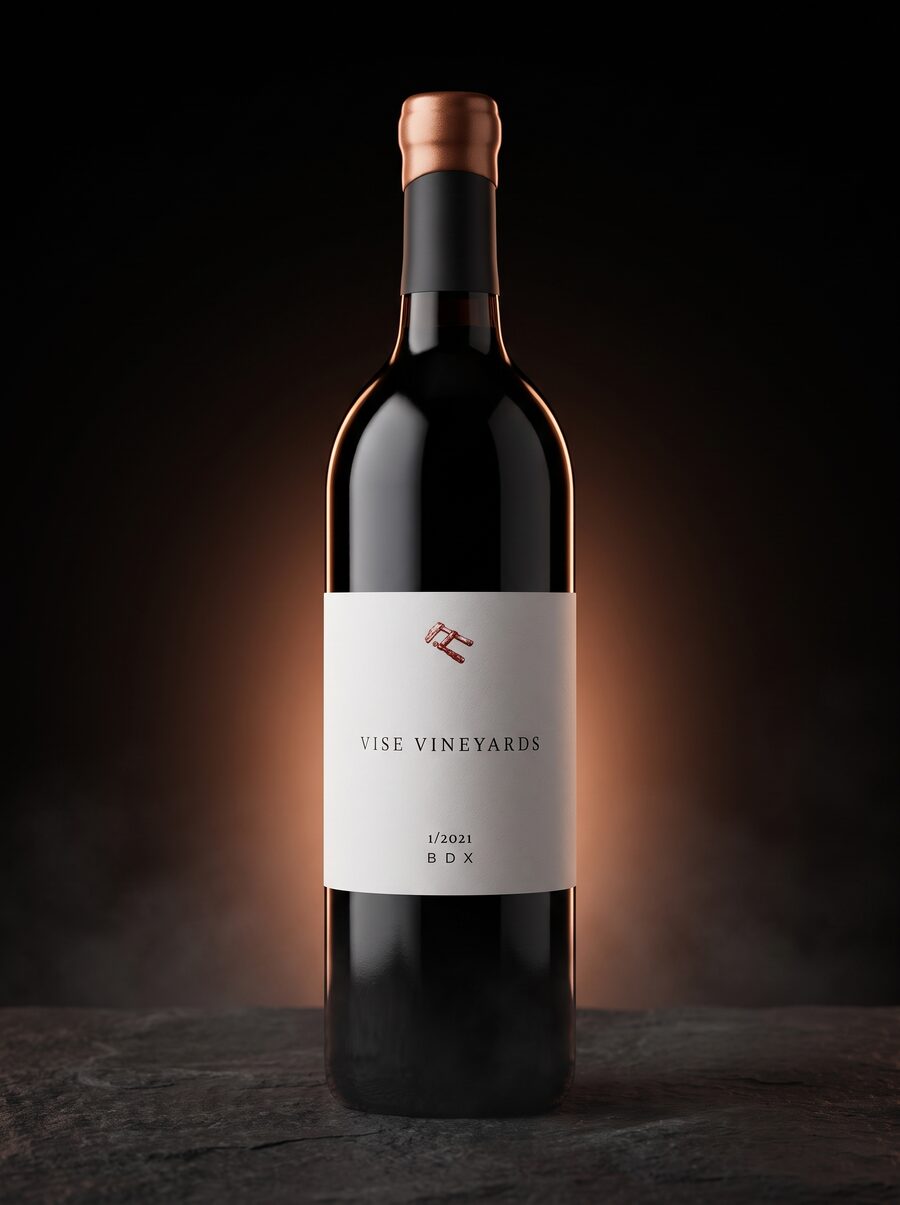 Vise Vineyards BDX bottle with copper wax seal, studio lit